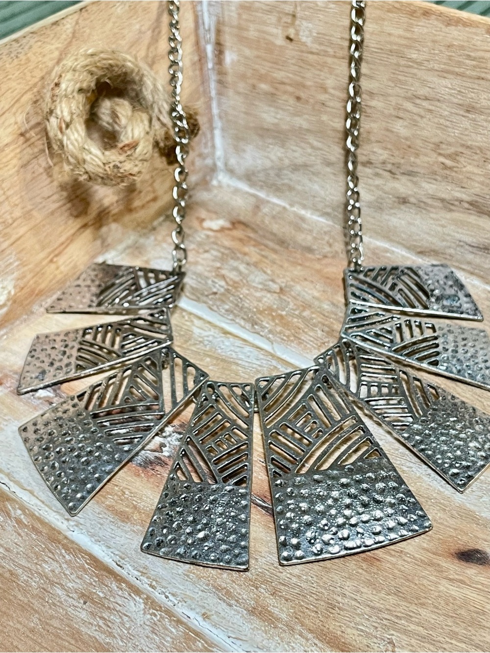 Silver-Tone Textured Geometric Statement Necklace - Picture 5 of 5